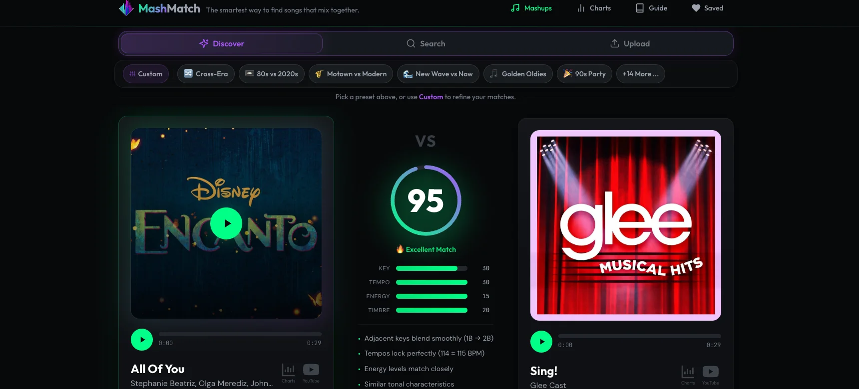 MashMatch Discover tab showing preset filters and song cards