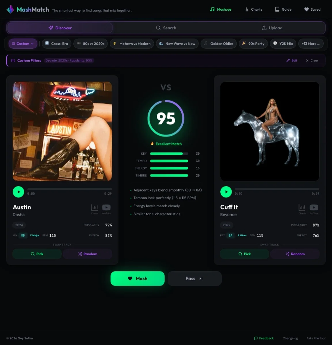 MashMatch app showing song compatibility scoring between two tracks with album art, match score, and breakdown bars