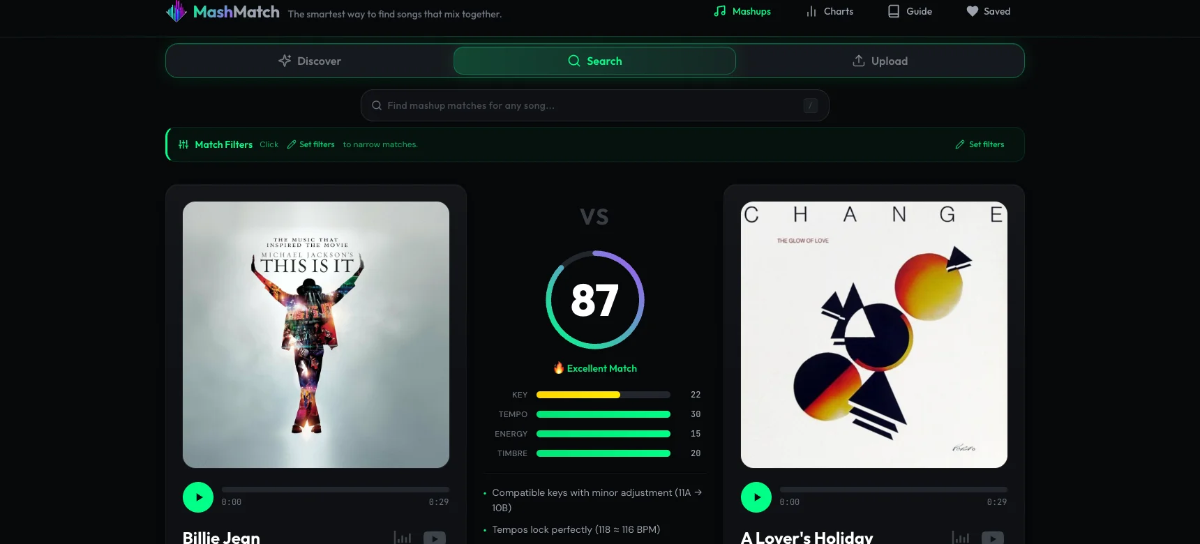 MashMatch compatibility score showing 87 with key, tempo, energy, and timbre breakdown