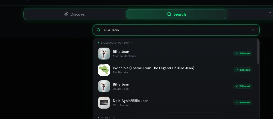 MashMatch search results showing Billie Jean by Michael Jackson
